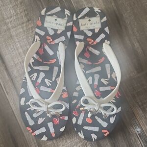 Kate Spade Thong Flip Flop Bow Sandals Lipstick Print 9 Navy Print White Straps
